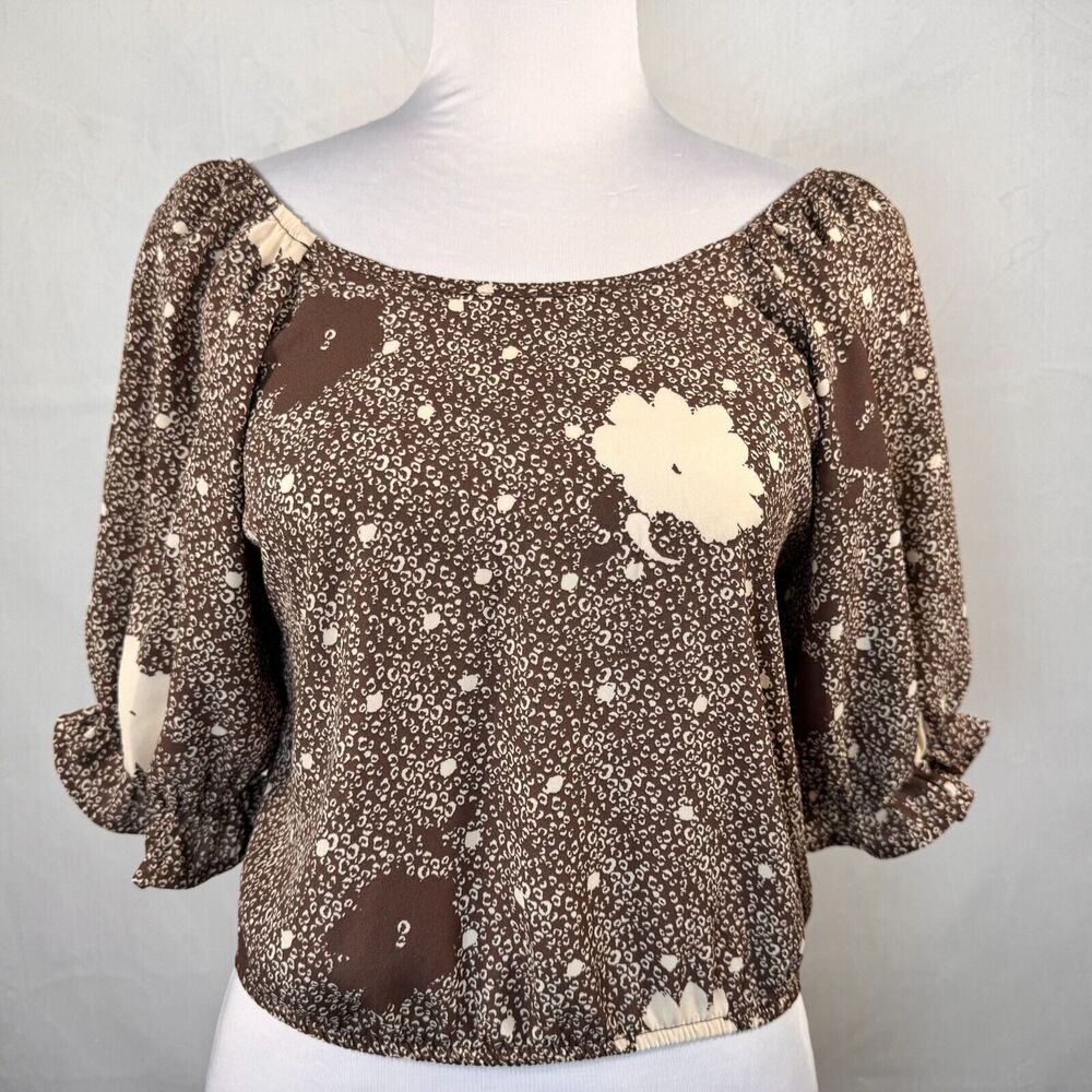 Sienna Sky Cropped Top Sz S Brown Cream Floral Ruffle Short Sleeve Elastic waist